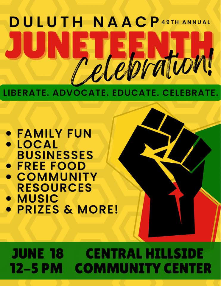 Duluth NAACP Juneteenth Celebration – June 18 from 12 to 5 PM at Central Hillside Community Center